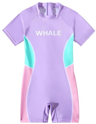 Badeanzug Mädchen Kinder, Einteiliger Schwimmanzug mit Badehose und Shirt, Badebekleidung (DE/NL/SE/PL, Alter, 8 Jahre, 9 Jahre, Regular, Lila)