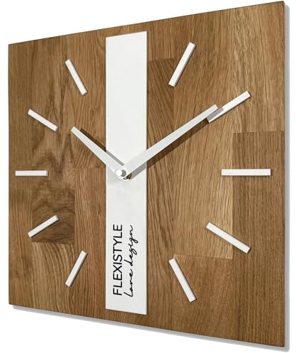 FLEXISTYLE Modern wanduhr ohne tickgeräusche modern wanduhren Holz Badezimmer Wohnzimmer Eiche (Weiß Eckig, 30cm)