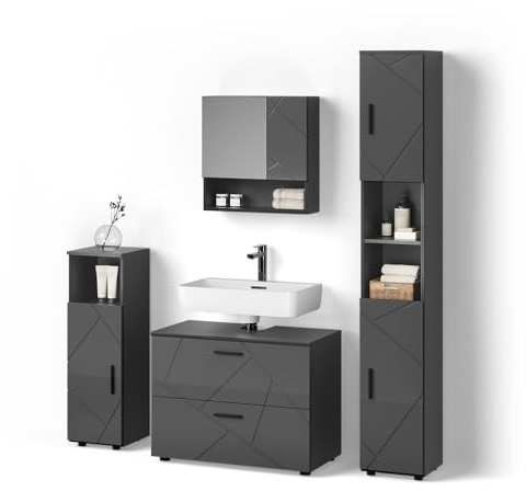 Livinity Badmöbel-Set Ronco Anthrazit Hochglanz | 4 Teile, mit Schubladenschrank und Hochschrank