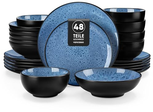 vancasso Service de Table pour 12 Personnes, Service Vaisselle 48 Pièces en Grès - 12 Assiettes Plates, 12 Assiettes à Dessert, 12 Assiettes Creuses et 12 Bols - Glaçure Bleu, Compatible Micro-Ondes