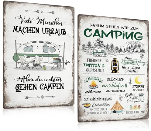 2er Set Retro Blechschilder Camping - Viele Menschen machen Urlaub, die coolsten gehen campen - Camping lustig Spruch - Campingplatz Metallschild für Camper Wohnmobil Wohnwagen Deko 20x30cm (A)