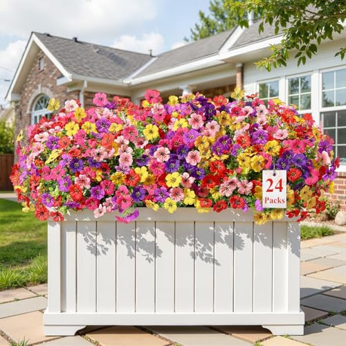 Alupssuc 24 Bundles Artificial Flowers Outdoor Decoration, Violet Plastic Fake Flowers Plants, for Indoor Outdoor Hanging Baskets Garden Porch Window Home Vases Wedding Farmhouse Decor, Mixed 6 Colour
