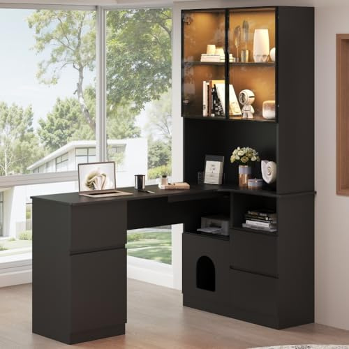NestLude Bureau d'angle 120x80x180cm avec étagères et vitrine LED, Bureau Gaming avec Rangement, Meuble de Bureau pour Chambre et Bureau à Domicile (Noir-Droit)