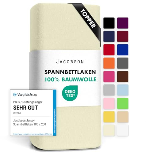 Jacobson Jersey Spannbettlaken Spannbetttuch Baumwolle Bettlaken (Topper 180-200x200 cm, Natur)