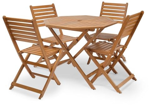 VonHaus Outdoor Dining Table and Chairs Set 4 - Wooden Folding Garden Dining Set with Teak Oil Coating - Weather Resistant Acacia Wood Patio Set - Wooden Garden Furniture - Cannes