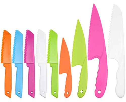 SelfTek 9 Pieces Plastic Kitchen Knife Kid Chef Safe Nylon Knife Corlorful Children's Cooking Knives for Baking, Fruit, Bread, Cake, Lettuce, Salad