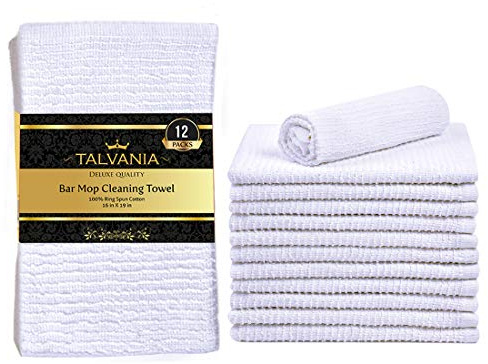 Talvania Bar Mop Towels 16”x19”, White Kitchen Towel 12 Pack, 100% Cotton, Super Absorbent Terry Multi-Purpose Bar Mops Shop Towels for Home Restaurant Commercial Use