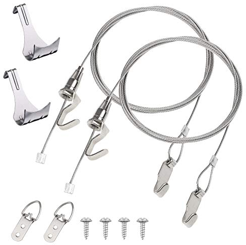 Hyber&Cara Kit accrochage de cadre photo et miroir, fil suspension tableau en acier inoxydable ø2mm x 2m avec crochet réglable et crochets pour cimaise classic rail + D anneaux crochets + vis