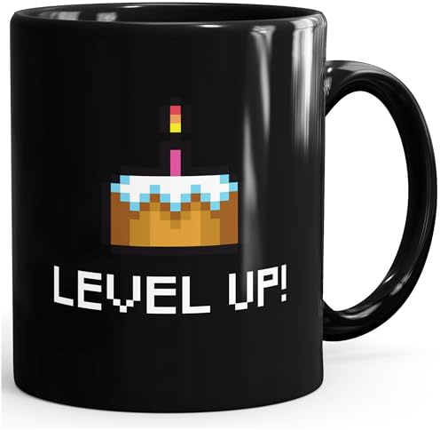 MoonWorks Kaffee-Tasse Geburtstag Level Up Pixel-Torte Retro Gamer Pixelgrafik Geschenk Arcade Schwarz unisize