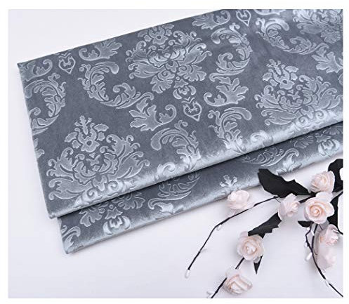 Weicher Samtstoff Dekostoff Meterware 140cm Breit Prägung Blumenmuster Samtmaterial Polsterstoff zum Nähen von Kunsthandwerk, Kissen, Möbeln, Tischdecke(Color:Silber grau)