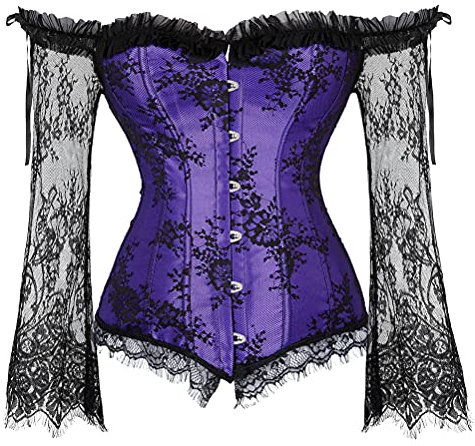 Grebrafan Women's Off Shoulder Lace Corset with Long Sleeves (UK(8-10) M, Purple)