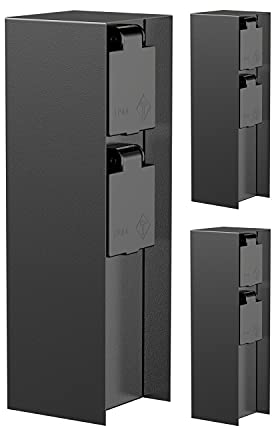 ledscom.de 3 Stück Garten Steckdosensäule POMI für außen, IP44, 2-Fach, Edelstahl, schwarz, eckig, 23 cm