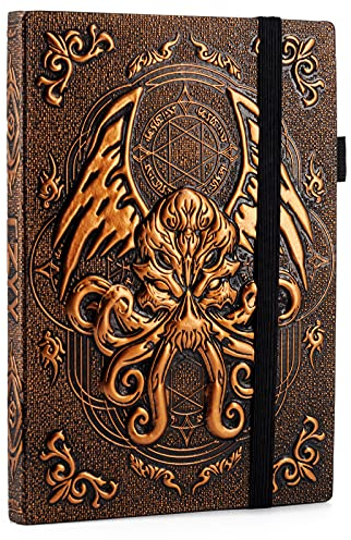 DND Kampagnen-Tagebuch mit 3D-Cthulhu-geprägtem Ledereinband, 200 leere Seiten, A5-Notizbuch, toller RPG-Notizblock für GM und Spieler (Bronze)