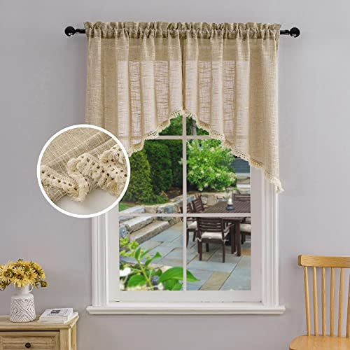 Beda Home Troddel Leinen Texturiertes Swag Vorhang Valance, Lichtdurchlässiger kurzer Swag zum Privatsphäre-Schutz, mit zusätzlichem Stangentaschen-Design, 91,44 cm x 91,44 cm 2 Stück, Taupe