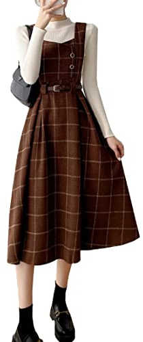 Himifashion Damenkleid im Vintage-Stil, japanisches Karomuster, für Herbst und Winter, Wollriemen, Midi-Kleid, braun, L