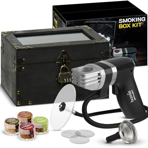 Räucherpistole Holz Smoke Infuser Birner PRO - Räucherbox Kit, 12 Stück, Räuchermaschine mit Zubehör und Holzspänen - Kaltrauch für Speisen und Getränke, Schwarz - Geschenk für Mann