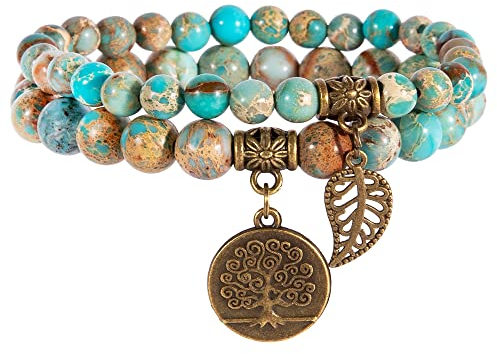 Farfume Chakra Armband Echte Steine, Echte Steine-Edelsteine Armband fur Damen (Meeressediment und Baum des Lebens)