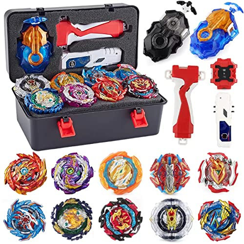 Bey Battle Burst Kreiselklingen-Spielzeug-Set, tolles Geschenk für Kinder, Jungen, ab 6 8 10 12 Jahren, Metall-Fusion-Angriffs-Top-Kampfspiel, 10 Kreisel, 2 Zwei-Wege-Launcher, 2 Griffe