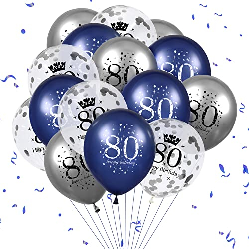 Luftballon 80. Geburtstag Deko,15 Stück Marineblau Silber Latex Luftballons, Happy Birthday Blau Konfetti Folienballon 80. Jahrestag Party Ballons Dekoration HMann Frau für Geburtstag Dekorationen