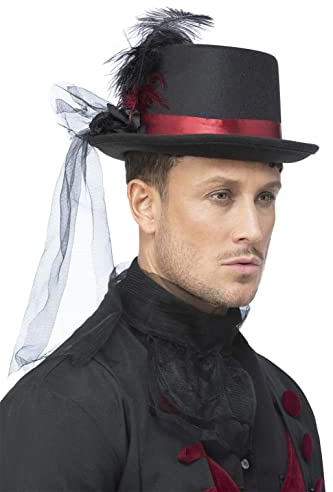 Smiffys Chapeau haut de forme noir, vampire rose, noir et rouge, avec plumes et voile Halloween