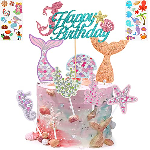 Meerjungfrau Tortendeko 11Stk Meerjungfrau Kuchen Deko Mädchen Happy Birthday Meerjungfrau Torten Deko Kindergeburtstag mit Meerjungfrauenflosse Sticker Meerjungfrau Schwanz Seestern für Mermaid Party