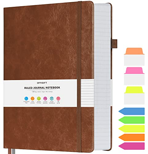 OFFIGIFT Notizbuch B5 liniert, Hardcover Tagebuch mit 312 Nummerierten Seiten, 100g/m² Tintenfestes Papier Dickes Notizbücher, Leder Tagebuch für Erwachsene Frauen Männer, 19,3 x 26,4 cm, Braun