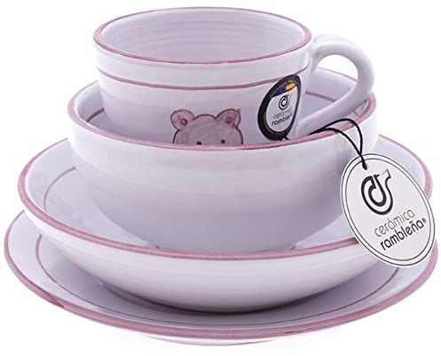 CERÁMICA RAMBLEÑA | Vajillas infantiles | Vajilla bebé | Vajilla completa | Vajilla Amazon | Vajillas completas | Vajilla infantil decorado Oso Rosa | Decoración 100% hecho a mano | 20.5x20.5x14 cm