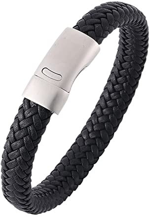 KnSam Stretcharmband, PU Leder Armbänder Herren zum Gravieren Gewebt Lederarmband Edelstahl Handhandgelenk Kette Schwarz mit Magnet Verschluss, Länge 20.5CM Männer Geschenke