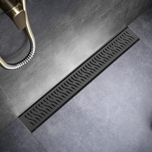 Sharp-tec Duschablauf, 71,1 cm, linearer Duschablauf, mattschwarz, 304 Edelstahl, rechteckiger Duschbodenablauf mit verstellbaren Nivellierfüßen, Haarsieb, cUPC-zertifiziert, ST-103-28B