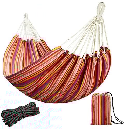 JoyView Brasilianische Doppelhängematte mit Seilen zum Aufhängen, extra groß, 220x149.9 cm, tragbare Baumwoll-Hängematte für Terrasse, perfekt für den Außen- und Innenbereich, rote Streifen