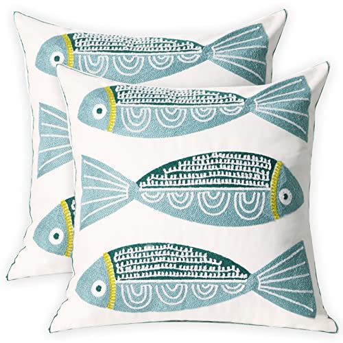 UnionKK 2 Stück bestickte Kissenbezüge aus Baumwolle, dekorative quadratische Kissenbezüge für Zuhause, Sofa, Bett und Stuhl, 45,7 x 45,7 cm (Blauer Fisch-2)
