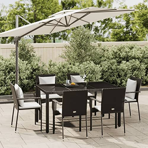 Yolola 7 teilig Garten Sitzgruppe Poly Rattan Gartenmöbel Set 6 Personen Essgruppe Gartentisch mit Stühle Stapelbare Gartengruppe Sitzgarnitur Gartengarnitur Terassenmöbel Schwarz