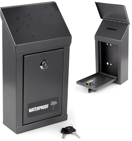 My Charity Metal Donation & Collection Office Suggestion Secure Box With Top Coin Slot and Lock - Easy Wall or Counter Top Mounting (Grey Waterproof)