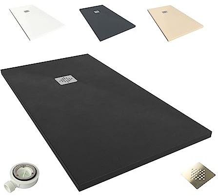 NEBADOON Plato de Ducha Resina Roma II Antideslizante 70x90 Negro | Antibacteriano, textura pizarra, válvula 60 l/min incluida, corte a medida, fabricado en España, garantía 3 años