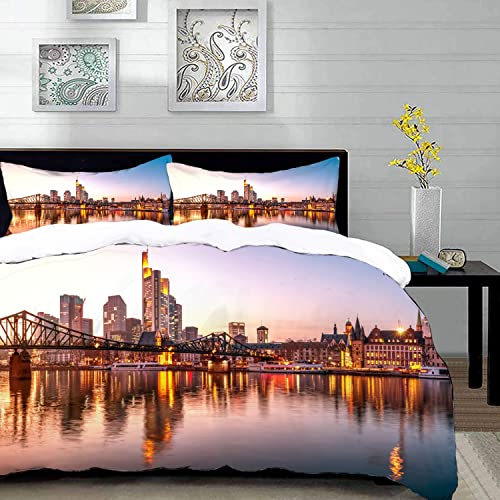 Bettwäsche 3 Teilig Bettgarnitur,Blau Deutschland Frankfurt Am Main Skyline Eiserner Steg Landschaft,Gemütlich Mikrofaser Bettbezug Set 1 Bettbezug Set 135 x 200 cm