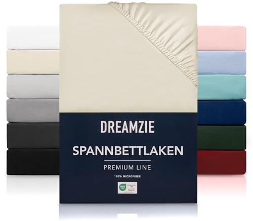 Dreamzie Spannbetttlaken 180x200 cm - Hoher Steg bis 33 cm - 100% Mikrofaser - Beige - Schadstoffgeprüft (Oeko TEX), Bettlaken mit Gummizug