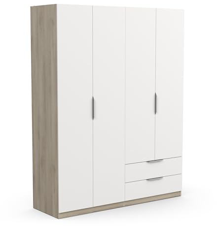 Demeyere 391384 Vestidor con Armario Moderno 4 Puertas 5 estantes 2 cajones, Color Roble Kronberg y Blanco Mate, 157,3 x 51,1 x 203 cm, Madera de ingeniería, Gris