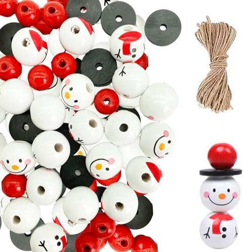 40PCS 14mm 20mm Schneemann-Holzperlen Weihnachten Schneemann Holzperlen Wooden Beads Christmas Perlen Mit LäChelngesicht für DIY Handgefertigte Dekorationen Basteln Bastelperlen (Rot)