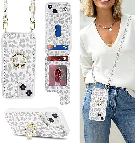 Cavor Phone Case compatible with iPhone 13 Mini With Card Holder With Lanyard Strap,Flip Leather Wallet Case,Ring Kickstand Shockproof Cover Case compatible with iPhone 13 Mini - White Leopard