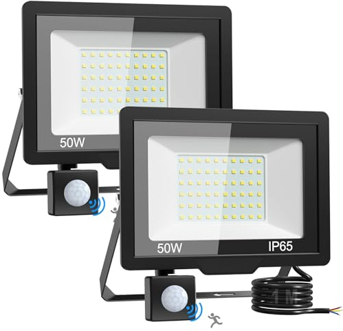 vighep Led Strahler mit Bewegungsmelder Auße, 50W Wasserdicht Lampe Aussen, 230V 5000LM Ultrahelleled Kaltweißs Fluter Licht für Garten Terrasse Wand Garage Vorhof Innenhöfe - 2Pack