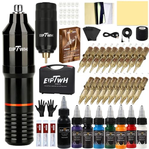 EIPTWH Pistola de tatuaje giratoria con fuente de alimentación inalámbrica, juego de tinta de 7 colores, 20 cartuchos y agujas