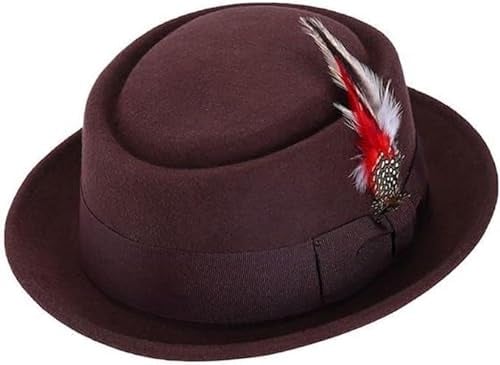 ZAFS Mens Pork Pie Wools Hats Crushable Felt Straw Summer Beach Feather Trilby Hats-Brown-L