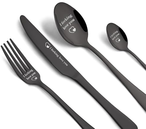 4Pcs Cutlery Set - I Love You Knives and Forks, Engraved Flatware Cutlery Set, Stainless Steel Knife and Fork Sets, Personalised Gifts for Him or Her, Valentine's Day Christmas (Matte Black)