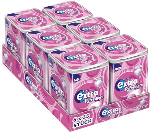 Extra Refreshers Kaugummi zuckerfrei, Bubblemint Gum, 6 x 35 Dragees, Großpackung Chewing Gum, Xylitol Kaugummi ohne Zucker mit Minz Frische (210 Dragees)