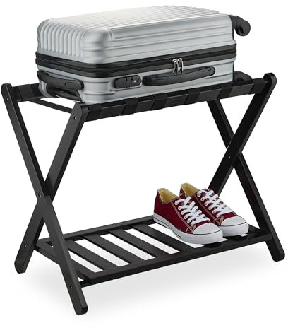 Relaxdays Support à valises, Pliant, Bambou, HxLxP: 56x68,5x41,5 cm, Porte-Bagage avec étagère, Sac Voyage, hôtel, Noir