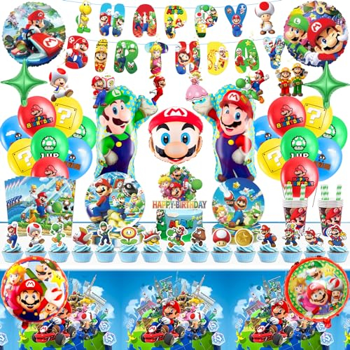 Birthday Party Decorations Boys Girls Ma-rio 102Pcs Kids Party Tableware Set Foil Balloons Happy Birthday Banner Cake Toppers Napkins Tablecloth for Super Bros Theme Party Plates Supplies Decorations