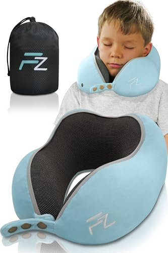 FLOWZOOM Comfy Kids Travel Pillow for Airplane & Car – Memory Foam Car Pillow for Kids with Adjustable Width, Soft, Washable Plush Cover and Compact Airplane Cushion Mesh Bag - Blue, Ages 6-10 Years