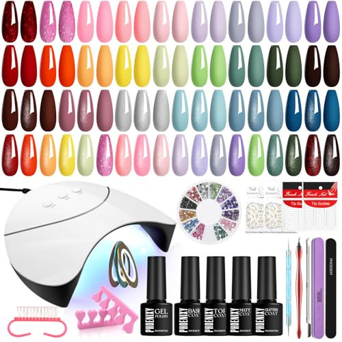 Phoenixy Gel Nail Polish Set, 72 Effects Gel Nail Kit with 36W U V Nail Lamp Glossy Matte Glitter Top Coat, Pink Yellow Red Nail Polish Set Gift for Women