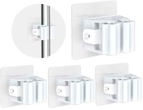 3-H Brush Holder Wall Mounted 4 Pack,Mop Holder Self Adhesive,Broom Holder Wall Mounted for Kitchen Bathroom Closet Garden Garage(White)