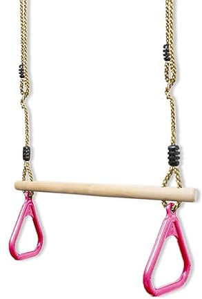 Kids Wooden Trapeze Bar with Pink Gym Rings for climbing frame swing sets Play Den Tree house attachment